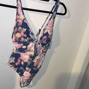 Shade & Shore Navy Floral One-Piece Swimsuit with Pink Roses